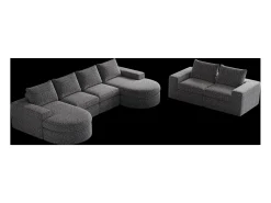 Sofá de canto modular de 6 lugares com chaise longue - Tecido chenille cinzento - Não necessita de montagem