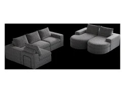 Sofá de canto modular de 6 lugares com chaise longue - Tecido chenille cinzento - Não necessita de montagem