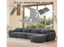 Sofá de Canto Modular em tecido peluche, com puff e 4 almofadas, sem estrutura, 378x179x73cm, Cinza