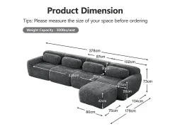 Sofá de Canto Modular em tecido peluche, com puff e 4 almofadas, sem estrutura, 378x179x73cm, Cinza