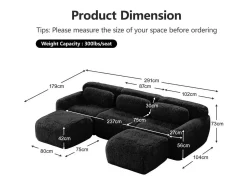 Sofá de Canto Modular em tecido peluche, com 2 puffs e 3 almofadas, 291x179x73cm, Preto