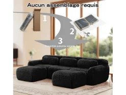 Sofá de Canto Modular em tecido peluche, com 2 puffs e 3 almofadas, 291x179x73cm, Preto