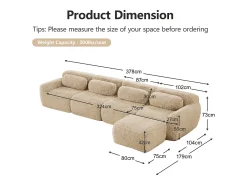 Sofá de Canto Modular em tecido peluche, com puff e 4 almofadas, sem estrutura, 378x179x73cm, Caqui