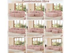 Sofá de Canto Modular em tecido peluche, com 3 puffs e 3 almofadas, 291x179x73cm, Rosa