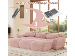 Sofá de Canto Modular em tecido peluche, com 3 puffs e 3 almofadas, 291x179x73cm, Rosa