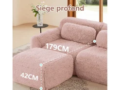 Sofá de Canto Modular em tecido peluche, com 3 puffs e 3 almofadas, 291x179x73cm, Rosa