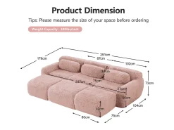 Sofá de Canto Modular em tecido peluche, com 3 puffs e 3 almofadas, 291x179x73cm, Rosa