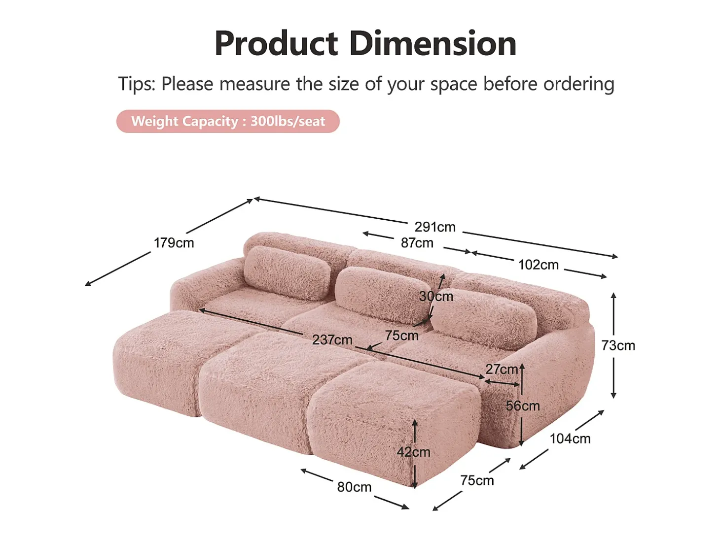 Sofá de Canto Modular em tecido peluche, com 3 puffs e 3 almofadas, 291x179x73cm, Rosa