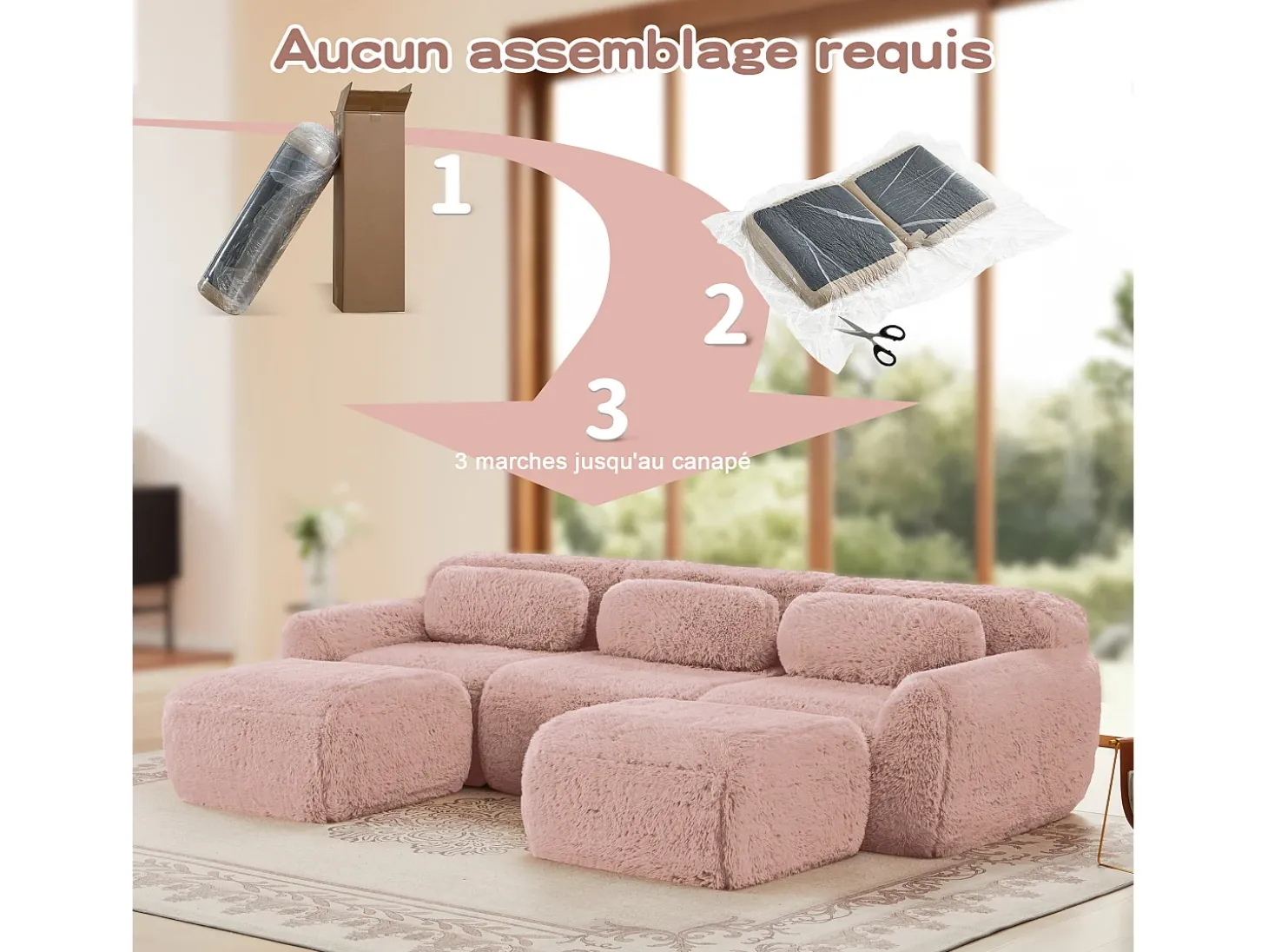Sofá de Canto Modular em tecido peluche, com 2 puffs e 3 almofadas, 291x179x73cm, Rosa