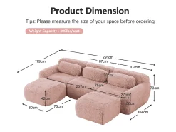 Sofá de Canto Modular em tecido peluche, com 2 puffs e 3 almofadas, 291x179x73cm, Rosa
