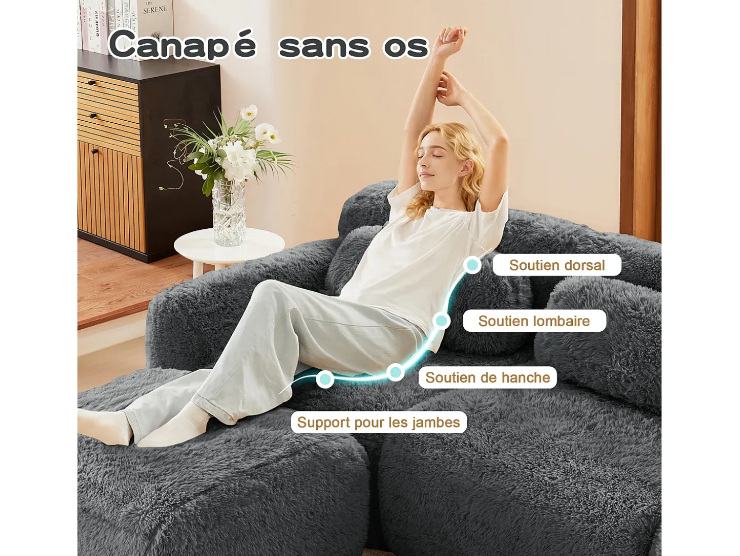 Sofá de Canto Modular em tecido peluche, com 3 puffs e 3 almofadas, 291x179x73cm, Cinza