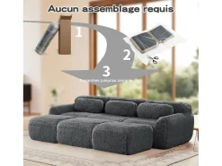 Sofá de Canto Modular em tecido peluche, com 3 puffs e 3 almofadas, 291x179x73cm, Cinza