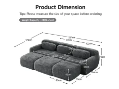 Sofá de Canto Modular em tecido peluche, com 3 puffs e 3 almofadas, 291x179x73cm, Cinza