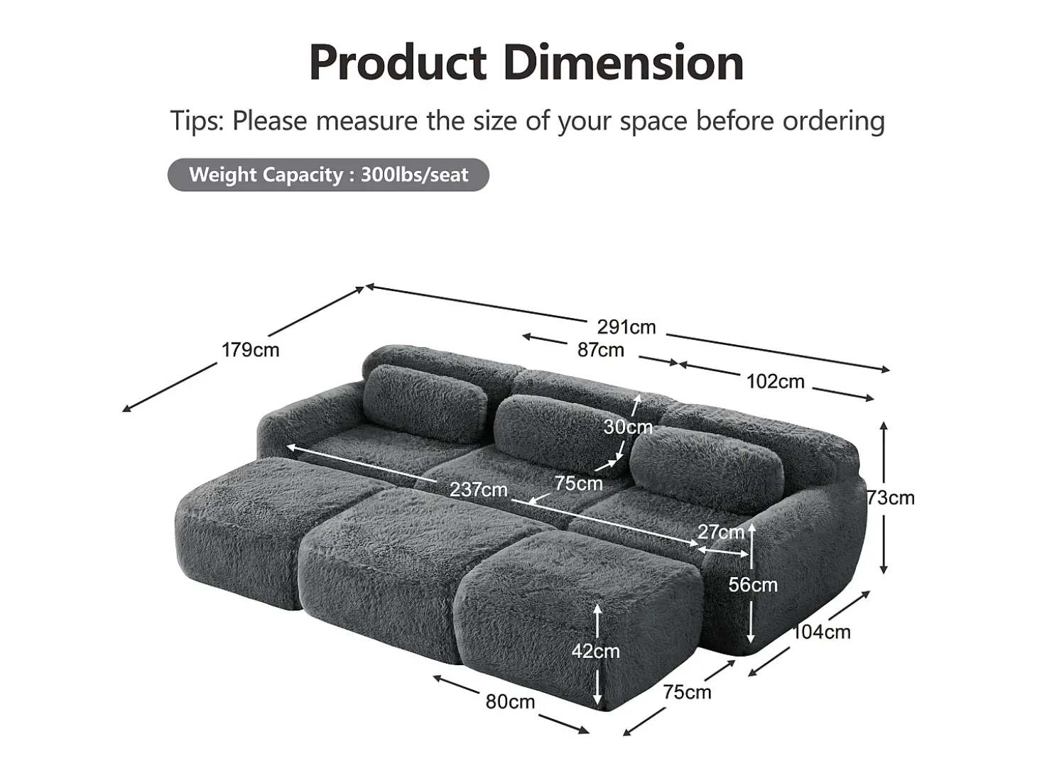 Sofá de Canto Modular em tecido peluche, com 3 puffs e 3 almofadas, 291x179x73cm, Cinza