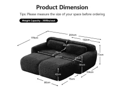 Sofá de Canto Modular em tecido peluche, com 2 puffs e 2 almofadas, 204x179x73cm, Preto