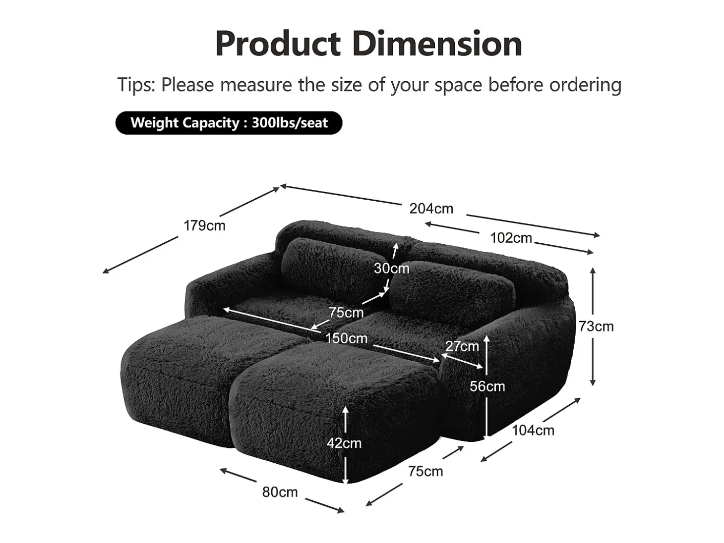 Sofá de Canto Modular em tecido peluche, com 2 puffs e 2 almofadas, 204x179x73cm, Preto