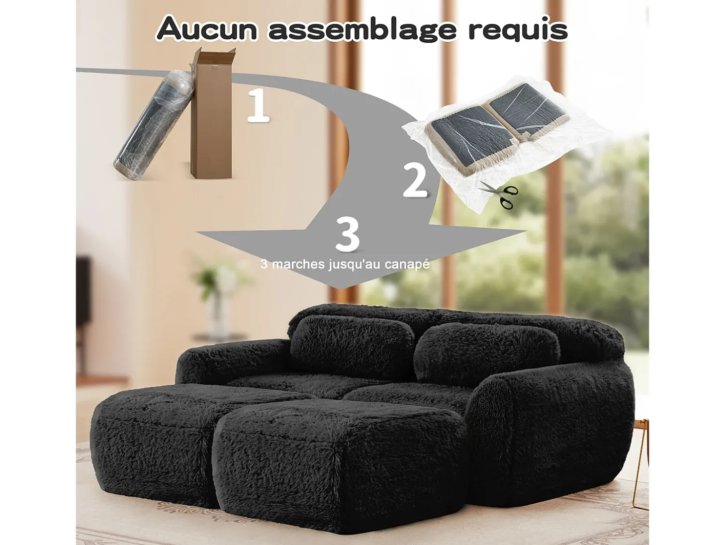 Sofá de Canto Modular em tecido peluche, com 2 puffs e 2 almofadas, 204x179x73cm, Preto