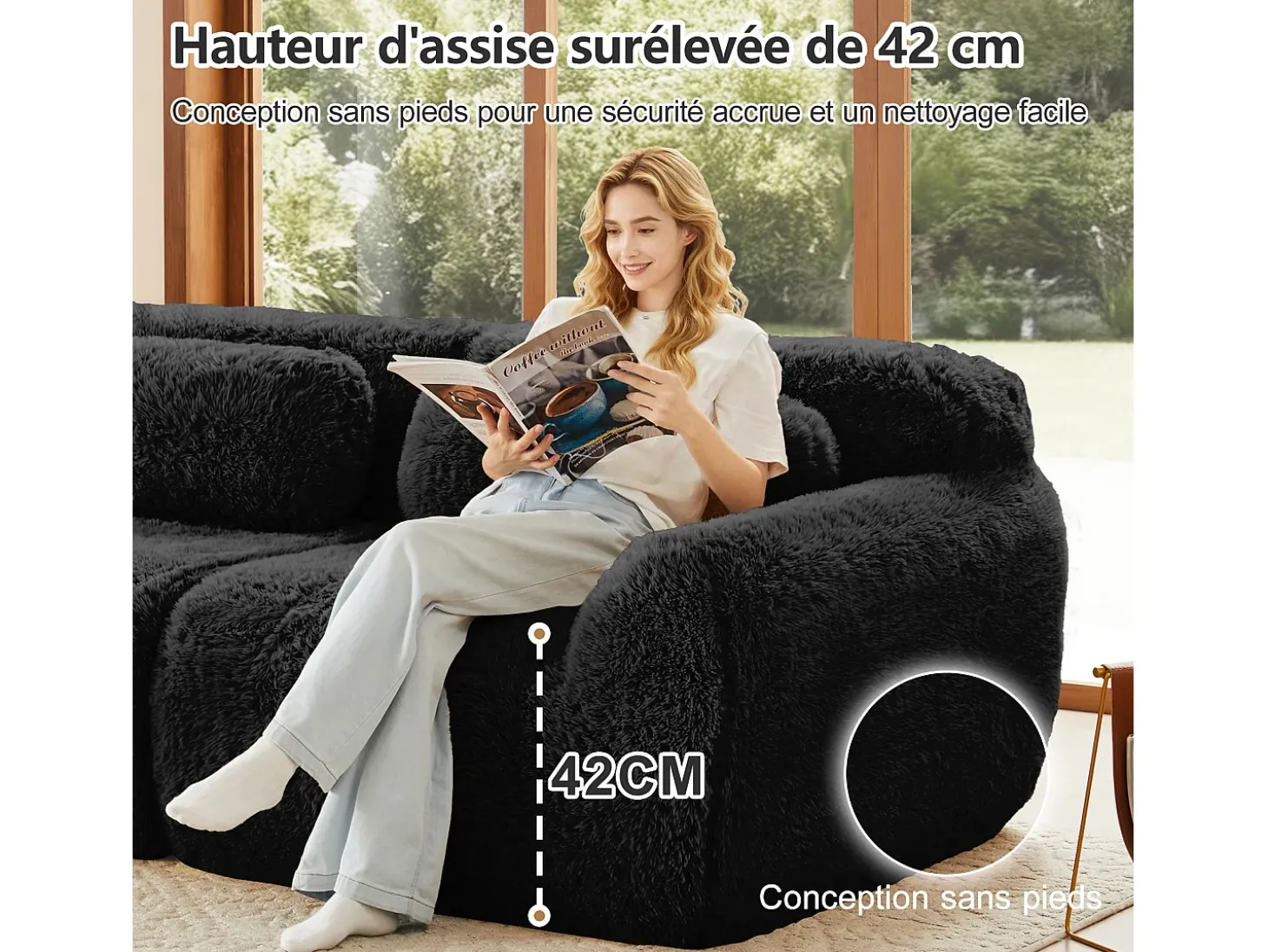 Sofá de Canto Modular em tecido peluche, com puff e 4 almofadas, sem estrutura, 378x179x73cm, Preto