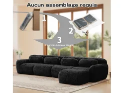 Sofá de Canto Modular em tecido peluche, com puff e 4 almofadas, sem estrutura, 378x179x73cm, Preto
