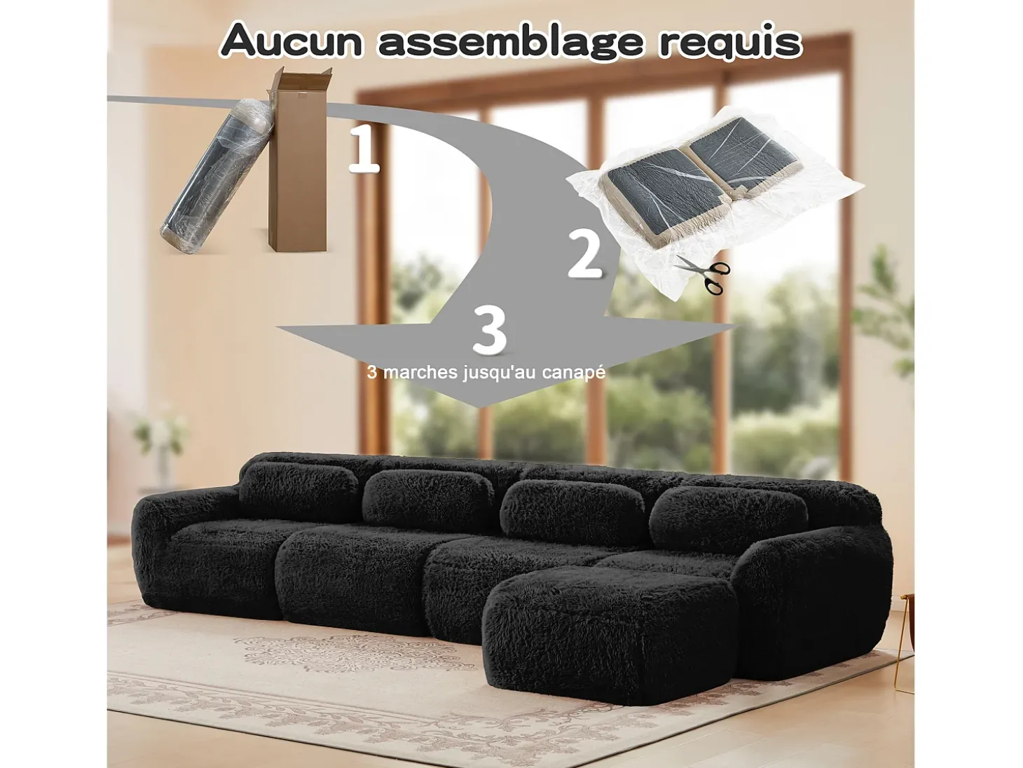 Sofá de Canto Modular em tecido peluche, com puff e 4 almofadas, sem estrutura, 378x179x73cm, Preto