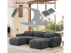 Sofá de Canto Modular em tecido peluche, com 2 puffs e 3 almofadas, 291x179x73cm, Cinza