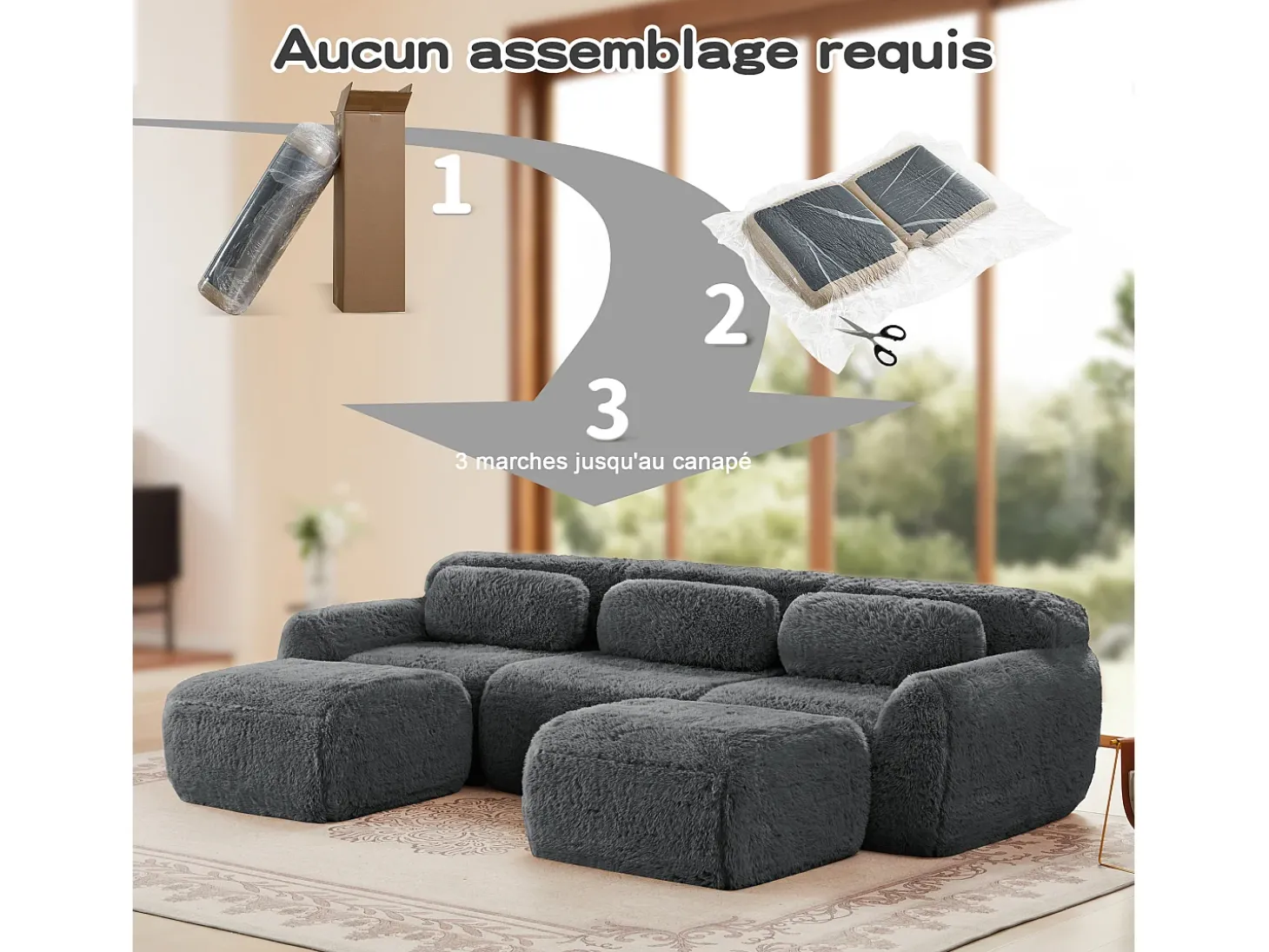 Sofá de Canto Modular em tecido peluche, com 2 puffs e 3 almofadas, 291x179x73cm, Cinza