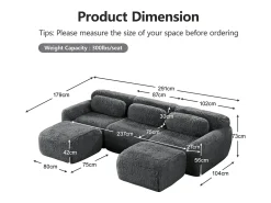 Sofá de Canto Modular em tecido peluche, com 2 puffs e 3 almofadas, 291x179x73cm, Cinza