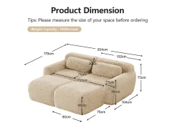 Sofá de Canto Modular em tecido peluche, com 2 puffs e 2 almofadas, 204x179x73cm, Caqui