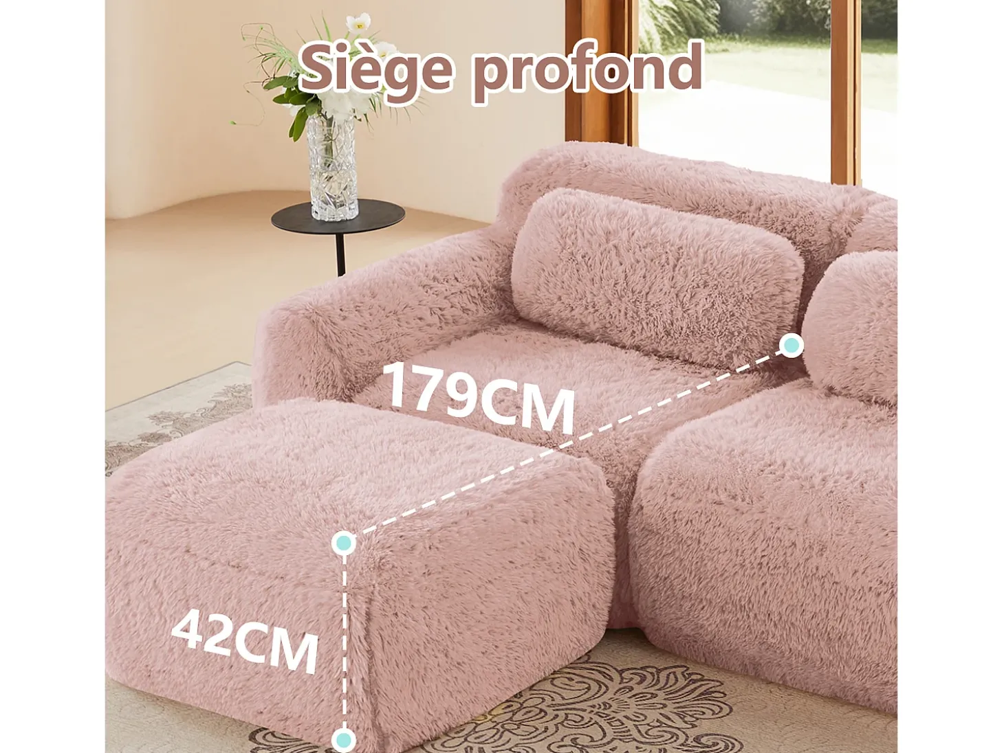 Sofá de Canto Modular em tecido peluche, com 2 puffs e 2 almofadas, 204x179x73cm, Rosa