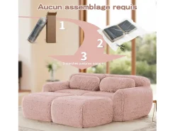 Sofá de Canto Modular em tecido peluche, com 2 puffs e 2 almofadas, 204x179x73cm, Rosa
