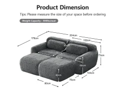 Sofá de Canto Modular em tecido peluche, com 2 puffs e 2 almofadas, 204x179x73cm, Cinza