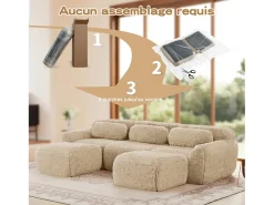 Sofá de Canto Modular em tecido peluche, com 2 puffs e 3 almofadas, 291x179x73cm, Caqui