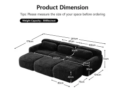 Sofá de Canto Modular em tecido peluche, com 3 puffs e 3 almofadas, 291x179x73cm, Preto