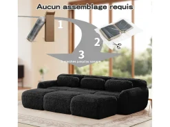 Sofá de Canto Modular em tecido peluche, com 3 puffs e 3 almofadas, 291x179x73cm, Preto