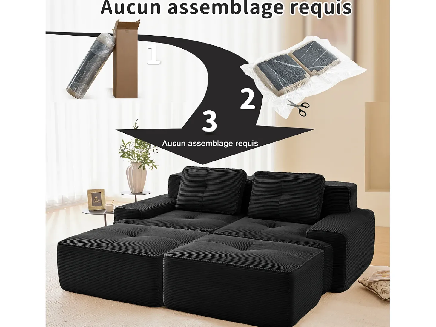 Sofá de Canto Modular em Veludo cotelê, com 2 puffs e 2 almofadas, 204x177x69cm, Preto