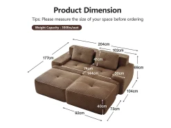 Sofá de Canto Modular em Veludo cotelê, com 2 puffs e 2 almofadas, 204x177x69cm, Marrom