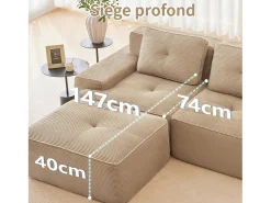 Sofá de Canto Modular em Veludo cotelê, com 2 puffs e 2 almofadas, 204x177x69cm, Bege