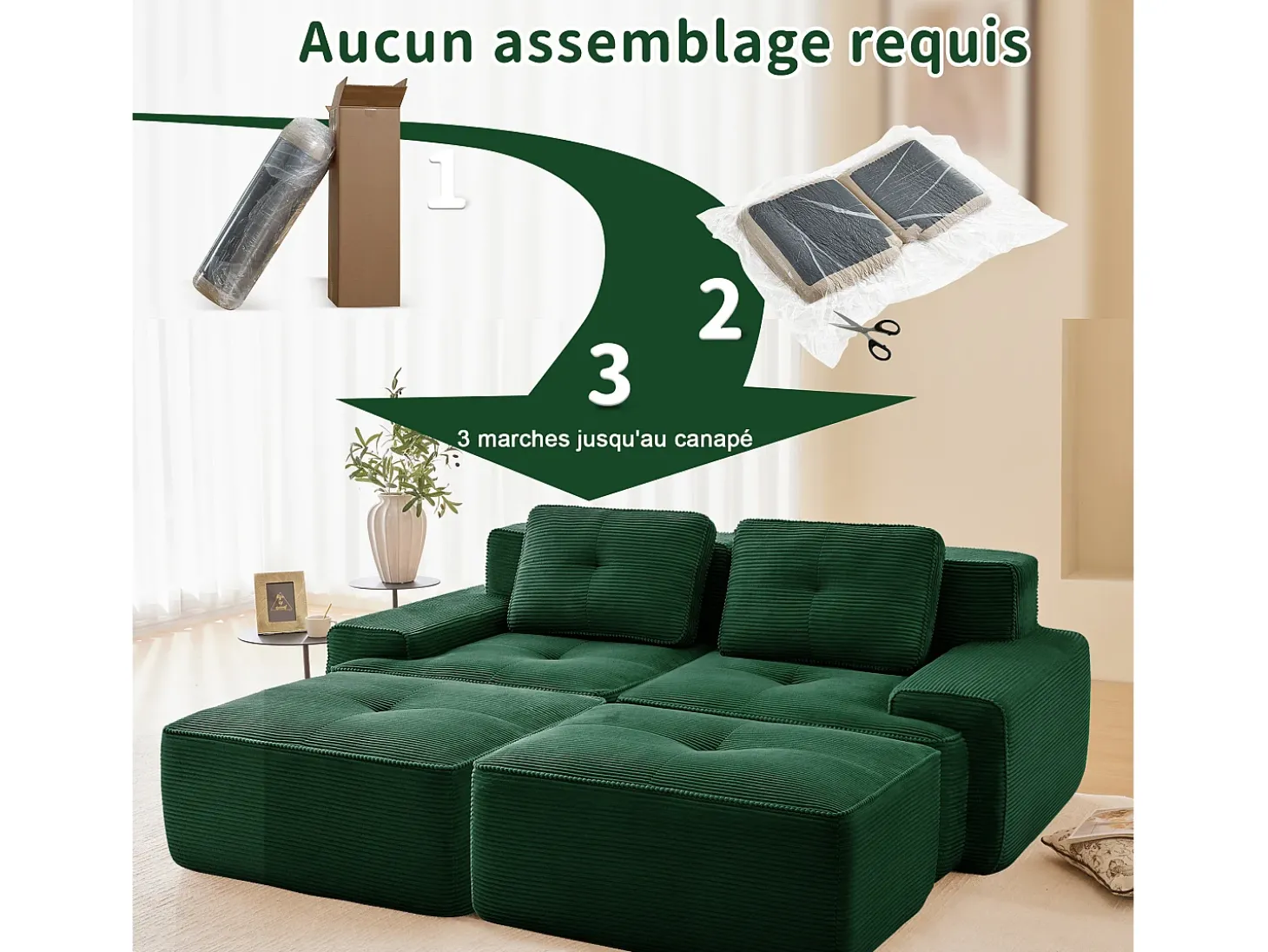 Sofá de Canto Modular em Veludo cotelê, com 2 puffs e 2 almofadas, 204x177x69cm, Verde