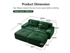 Sofá de Canto Modular em Veludo cotelê, com 2 puffs e 2 almofadas, 204x177x69cm, Verde