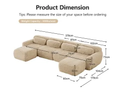 Sofá de Canto Modular Forma de U em tecido peluche, com 2 puffs e 4 almofadas, 378x179x73cm, Caqui