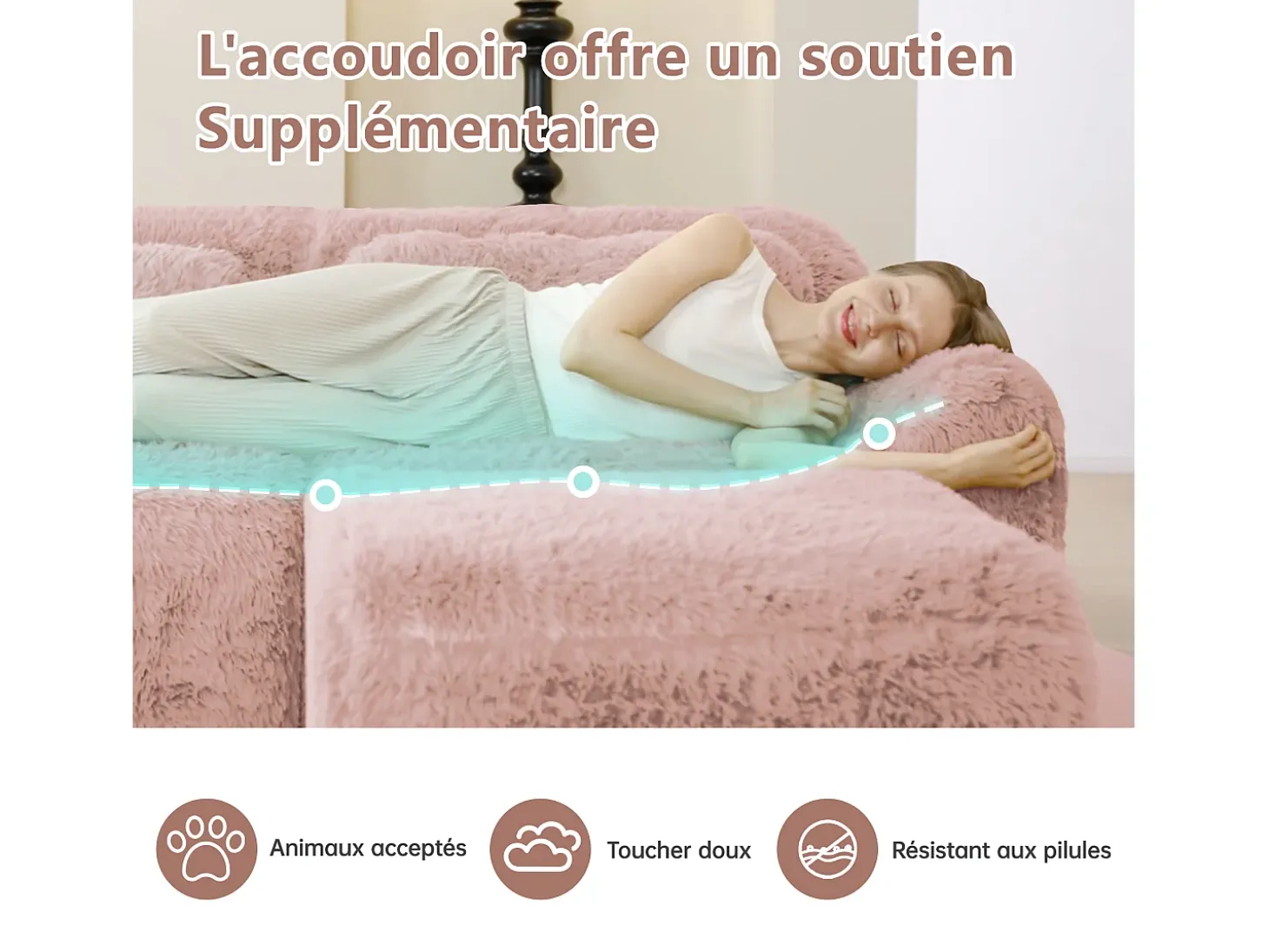 Sofá de Canto Modular Forma de U em tecido peluche, com 2 puffs e 4 almofadas, 378x179x73cm, Rosa