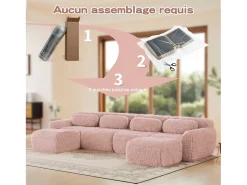 Sofá de Canto Modular Forma de U em tecido peluche, com 2 puffs e 4 almofadas, 378x179x73cm, Rosa