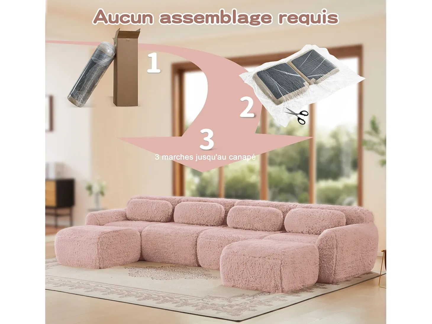 Sofá de Canto Modular Forma de U em tecido peluche, com 2 puffs e 4 almofadas, 378x179x73cm, Rosa