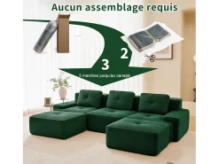 Sofá de Canto Modular Forma de U em Veludo cotelê, com 2 puffs e 3 almofadas, 293x177x69cm, Verde