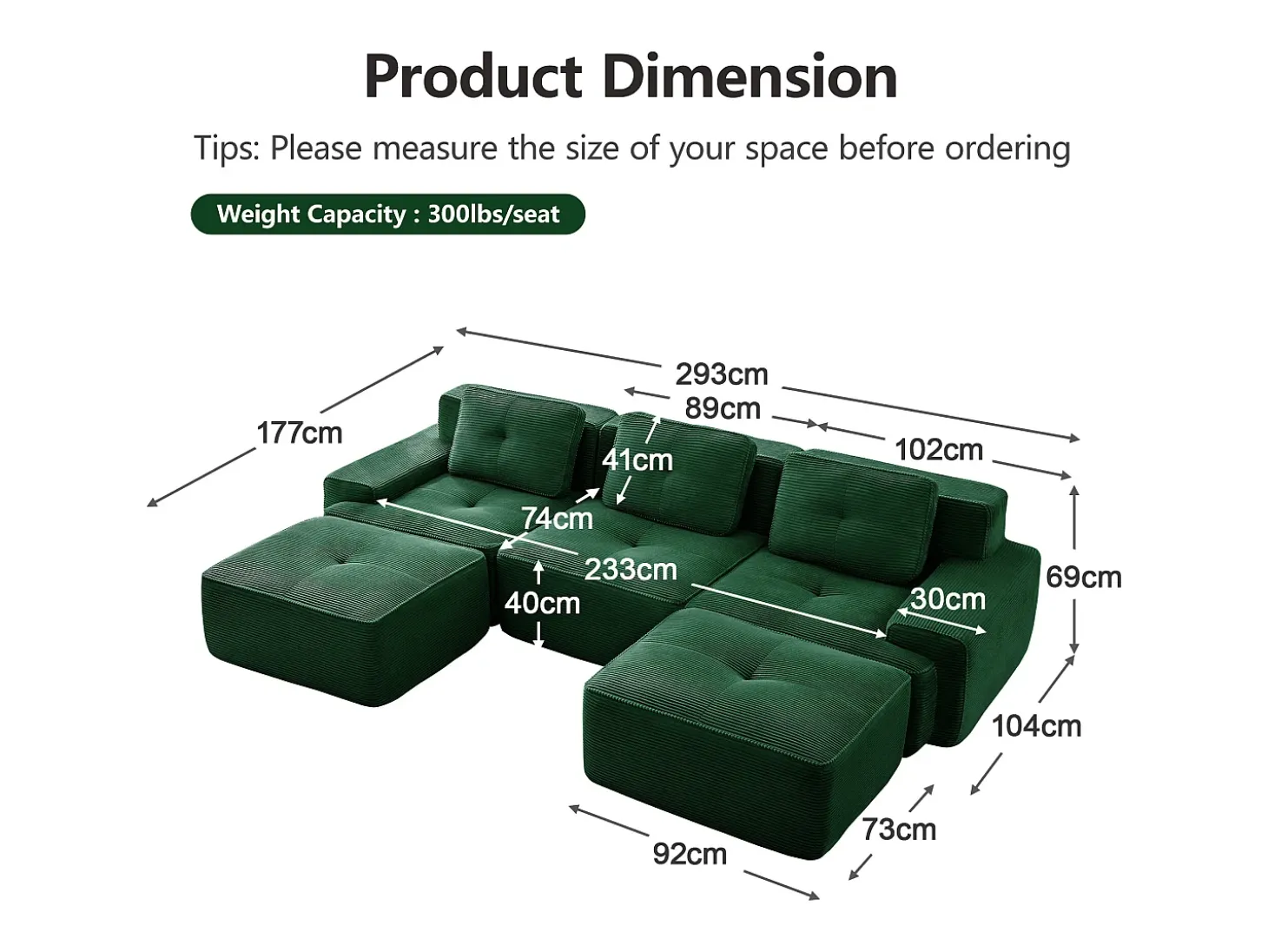 Sofá de Canto Modular Forma de U em Veludo cotelê, com 2 puffs e 3 almofadas, 293x177x69cm, Verde