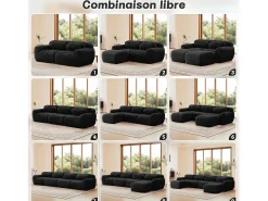 Sofá de Canto Modular Forma de U em tecido peluche, com 2 puffs e 4 almofadas, 378x179x73cm, Preto
