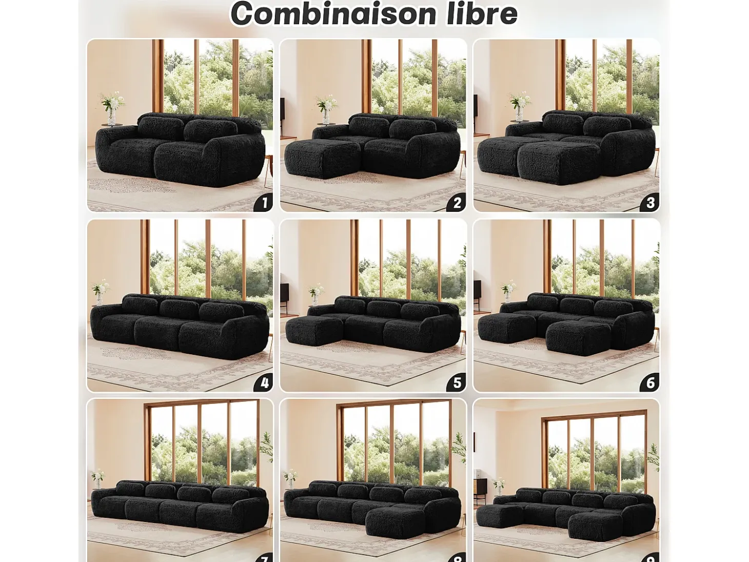 Sofá de Canto Modular Forma de U em tecido peluche, com 2 puffs e 4 almofadas, 378x179x73cm, Preto