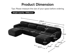 Sofá de Canto Modular Forma de U em tecido peluche, com 2 puffs e 4 almofadas, 378x179x73cm, Preto