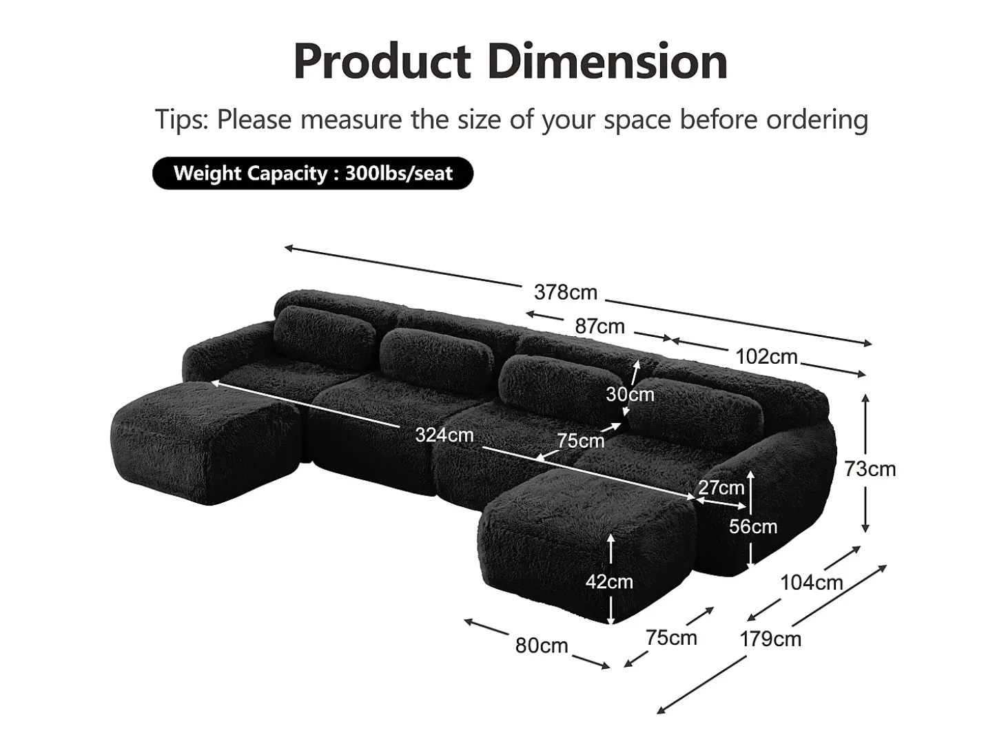 Sofá de Canto Modular Forma de U em tecido peluche, com 2 puffs e 4 almofadas, 378x179x73cm, Preto