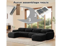 Sofá de Canto Modular Forma de U em tecido peluche, com 2 puffs e 4 almofadas, 378x179x73cm, Preto